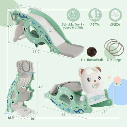 Miniatura 2 de Costzon - Juguetes de deslizamiento para niños pequeños 4 en 1, tobogán para niños con aro de baloncesto y juego de anillos, caballo de madera
