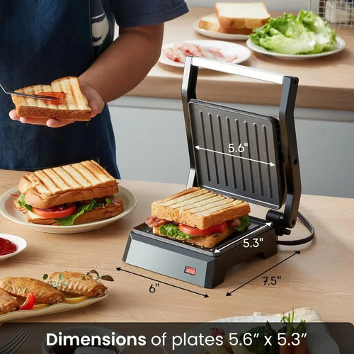 Miniatura 4 de Elite Gourmet EPN160X 5.5 x 5.3" Multifuncional, compacta prensa eléctrica Panini, parrilla de contacto, parrilla plana de 180°, ligera, placa