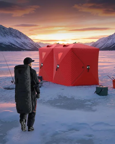 Miniatura 9 de Tienda de campaña de pesca en hielo desplegable para 6-8 personas con configuración desplegable de 60 segundos, aislamiento superior de triple capa