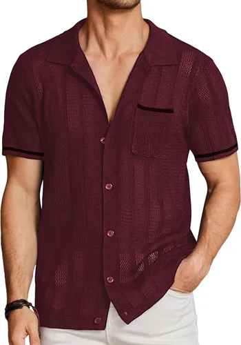 COOFANDY Camisas de punto de manga corta para hombre, estilo vintage, con botones, estilo casual, para la playa