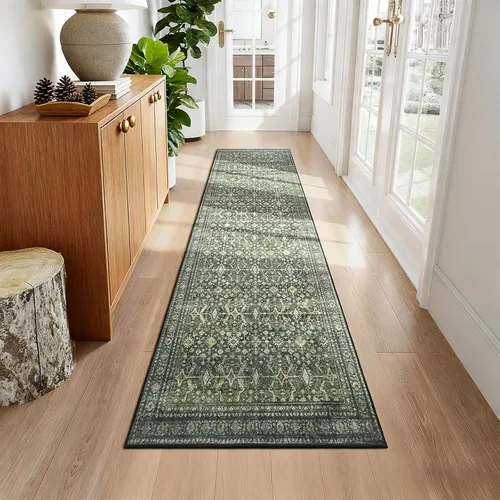 Lofus Alfombra de pasillo de 2 x 10 pies para pasillos, alfombra verde lavable con parte trasera de goma antideslizante, alfombra suave de pelo bajo