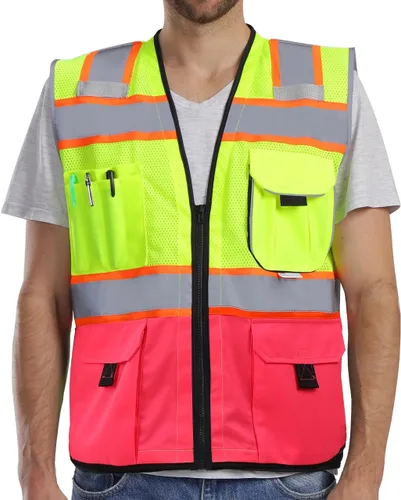 Chaleco de seguridad Dib Safety reflectante con bolsillos y cremallera, malla de alta visibilidad ANSI Clase 2, fabricado con cinta reflectante 3M,