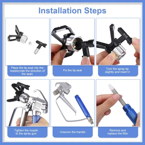 Miniatura 5 de Pistola pulverizadora de pintura sin aire, kit de 14 piezas con 6 puntas de pulverización reversibles, 6 filtros y asiento de boquilla para máquina