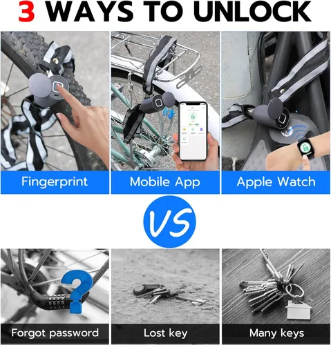 Miniatura 3 de eLinkSmart Cerradura de cadena sin llave biométrica impermeable 100CM cerradura de cadena para bicicleta Scooter motocicleta puerta valla puerta
