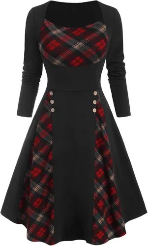 Vestidos vintage para mujer de los años 50, manga larga, a cuadros, empalme, cóctel, fiesta, con botones laterales, vestido retro con vuelo