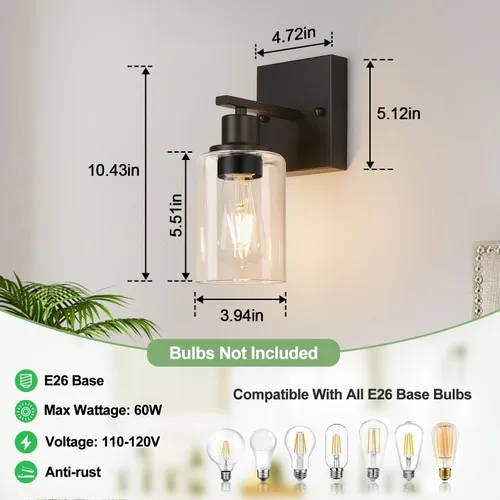 Miniatura 8 de Indoi Juego de 2 apliques de pared para baño, luces modernas de tocador negro mate con pantalla de vidrio transparente, lámpara de pared de baño