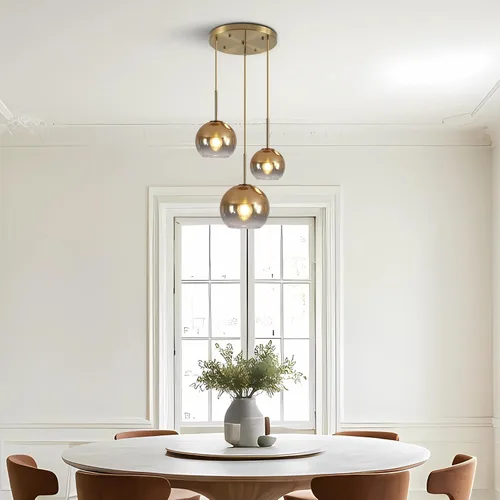 Miniatura 7 de KCO Iluminación colgante de racimo dorado de 3 luces grandes de cristal colgante luces isla de cocina lámpara globo araña mediados de siglo moderna