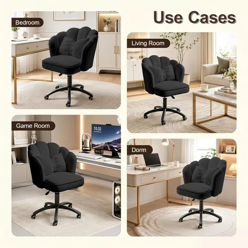 Miniatura 7 de Silla de tocador con ruedas, silla de escritorio de terciopelo con pétalos, silla de oficina en casa tapizada y copetada para mujeres y niñas, silla