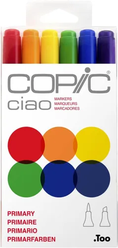 Copic Ciao, marcadores de alcohol, juego de 6 colores con punta de cepillo doble para artistas y creadores adultos/adolescentes, marcadores de