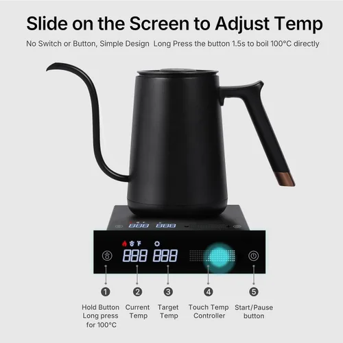 Miniatura 2 de TIMEMORE Fish Smart Hervidor Eléctrico de Café 600ML, Hervidor de Pico Curvo para Café y Té con Control de Temperatura Variable, Edición Hogar Negro