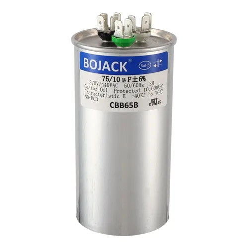 BOJACK 75+10 uF ±6% 75/10 MFD 370/440 VAC CBB65 Condensador redondo de arranque de doble funcionamiento para condensador recto frío o bomba de calor