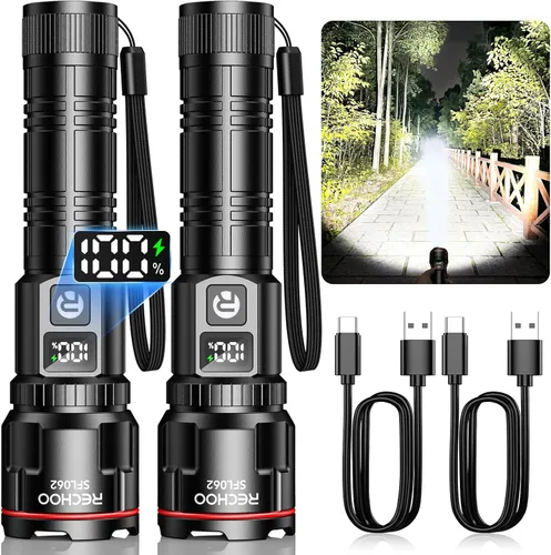 RECHOO Paquete de 2 linternas recargables, linterna LED súper brillante de alto lúmenes con pantalla digital LCD, 3 modos de iluminación y luces de
