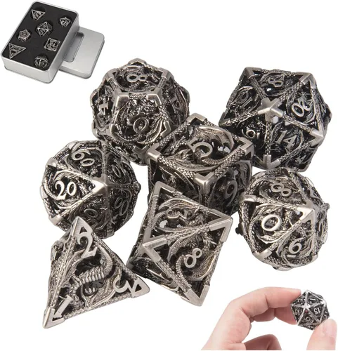 Miniatura 9 de Dados DND, dados de metal huecos D&D, juego de dados de mazmorras y dragones con caja de regalo, 7 piezas de juegos de dados poliédricos steampunk