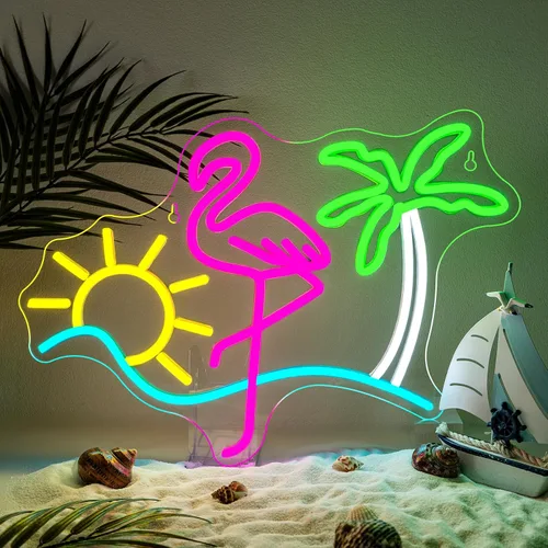 Letreros de neón de flamenco, sol y palmera para decoración de pared, divertido letrero de luz de neón LED regulable, alimentado por USB, para bar