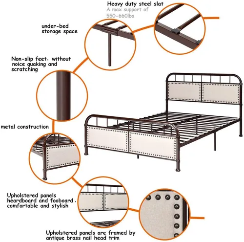 Miniatura 6 de Giantex Base de cama de metal, plataforma de cama de tamaño matrimonial con cómoda cabecera tapizada y estribo, soporte de listones antideslizantes