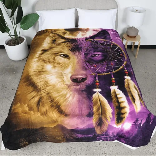 Dawhud Direct Manta de Vellón con Atrapasueños de Lobo - 50x60 Pulgadas de Felpa Suave para Niños y Adultos - Manta Acogedora con Lobos para Cama,