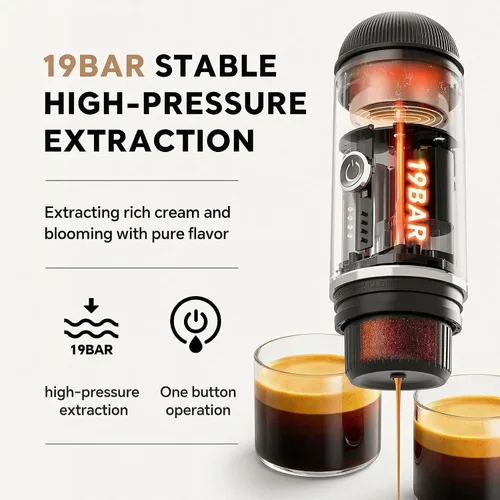Miniatura 6 de Máquina de café espresso portátil con autocalentamiento de 3-4 minutos, cafetera eléctrica recargable de 12 V, 19 bares, compatible con cápsulas NS