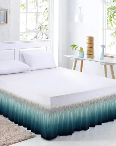 Falda de cama turquesa degradada, tamaño Queen de 16 pulgadas de caída, ajustable y elástica, faldas de cama plisadas de lujo con volantes para cama