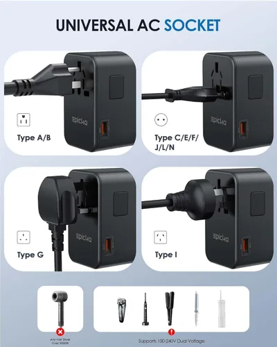 Miniatura 4 de EPICKA GaN - Adaptador de viaje universal, adaptador de enchufe internacional de 75 W con 3 USB-C PD carga rápida y 2 adaptadores de carga rápida