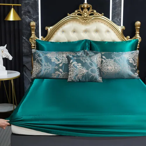 Miniatura 5 de Juego de edredón Queen de jacquard verde, juego de sábanas, elegante juego de ropa de cama de 8 piezas bordado, diseño floral neoclásico, decoración