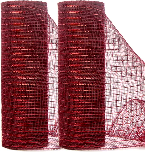 Miniatura 8 de Ribbli 2 rollos de cinta de malla roja, 10 pulgadas x 30 pies (10 yardas) cada rollo, rojo metálico con lámina ancha roja, uso para coronas