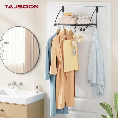 Miniatura 6 de Tajsoon Percha para colgar sobre la puerta con estante de almacenamiento y 6 ganchos, perchero para colgar abrigos, perchero de puerta para baño