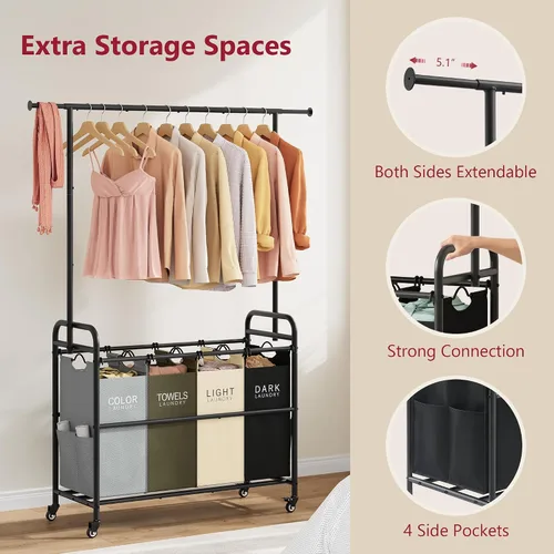 Miniatura 5 de Tajsoon Carrito Clasificador de Lavandería con Perchero para Colgar Ropa, Organizador de 3 Cestas Clasificadoras Butler, Carrito Cesto de Lavandería