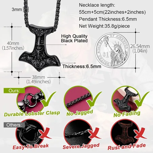 Miniatura 4 de FaithHeart Collar con colgante de runas vikingas nórdicas, martillo de Thor, brújula nórdica, Odín, cuervo, para hombres y mujeres, con embalaje