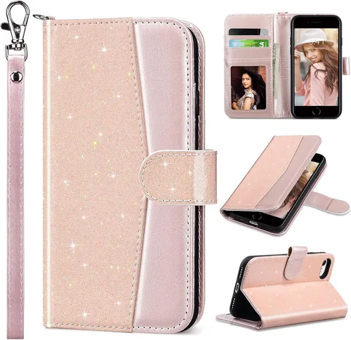 ULAK Funda tipo cartera para iPhone SE 3 (2022)/SE (2020)/8/7 con soporte para tarjetas, funda de piel sintética de alta calidad con ranuras para