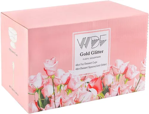 Miniatura 6 de WDF Paquete de 48 tazas de postre de plástico con purpurina dorada de 7 onzas con cucharas, 48 vasos de plástico desechables para helado y 48 Oro