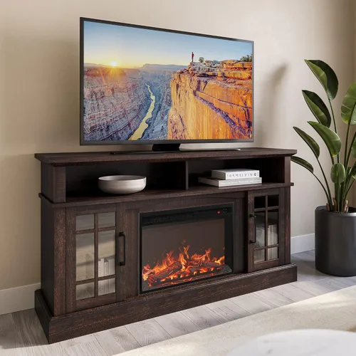 Miniatura 9 de BELLEZE Mueble TV, 48 pulgadas, con chimenea eléctrica funcional de 18 pulgadas, moderno, para TV de máx. 50 pulgadas, estantes abiertos y armarios