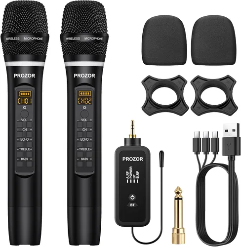 Miniatura 10 de PROZOR Micrófono Inalámbrico UHF con Control de Volumen, Agudos, Graves y Eco, Micrófono Inalámbrico Recargable Dual de Mano Sistema de Micrófono