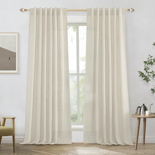 Cortinas de lino natural mezclado semitransparentes con pestaña trasera para sala de estar, cortinas de lino texturizado estilo bohemio para filtrar