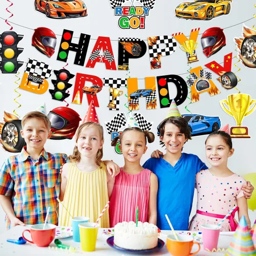 Miniatura 2 de KORHONEN Decoraciones de fiesta de cumpleaños con temática de auto de carreras para niños y adultos, incluye pancarta de feliz cumpleaños
