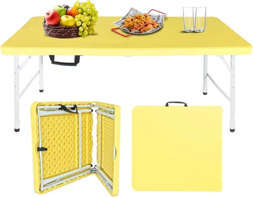Miniatura 17 de Mesa plegable portátil de plástico de 4 pies/6 pies/8 pies, mesa de picnic y comedor de alta resistencia, color blanco y negro, plegable a la mitad