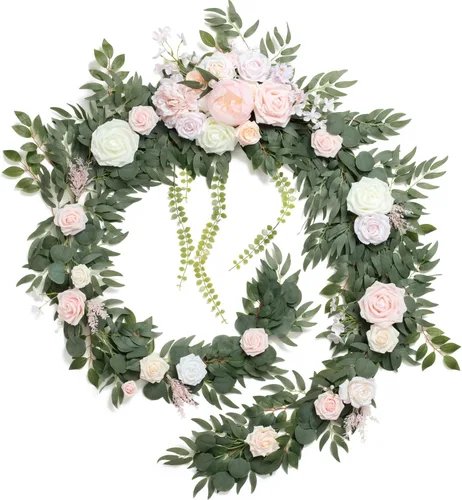 Miniatura 18 de Ling's moment Guirnalda de eucalipto y hojas de sauce de 9 pies con flor blanca, artesanal, centros de mesa para mesa de novios, decoración de mesa