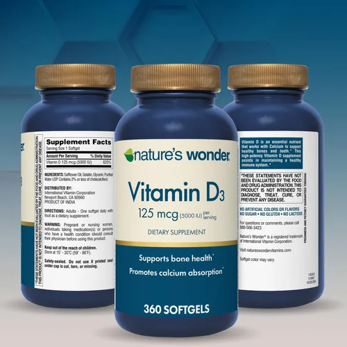 Miniatura 9 de Nature's Wonder Vitamina D3 5000iu (125mcg) de alta potencia, suplemento dietético para apoyar la salud ósea y el sistema inmunológico, sin gluten