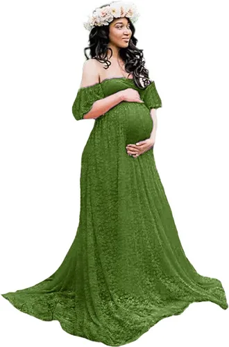 Vestido de maternidad largo de encaje con hombros descubiertos para mujer, vestido de encaje floral, talla grande, vestido de embarazo elegante,