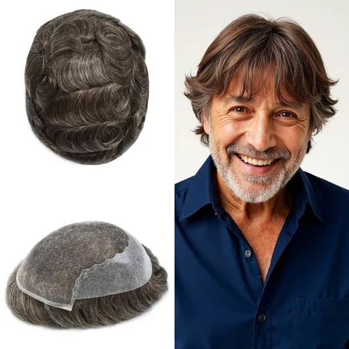 Miniatura 148 de Toupee - Sistemas de reemplazo de cabello para hombre, encaje frontal suizo, nudo blanqueado, pieza de cabello humano natural 1# negro azabache, 8 x
