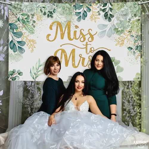 Miniatura 8 de KatchOn, Cartel verde de Miss to Mrs – XL, 72 x 44 pulgadas, telón de fondo de Miss to Mrs para decoraciones de despedida de soltera verde y dorado