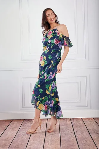 Miniatura 6 de London Times Vestido largo con hombros descubiertos y cuello halter para mujer, con volantes femeninos, ocasión para invitada de fiesta en el jardín