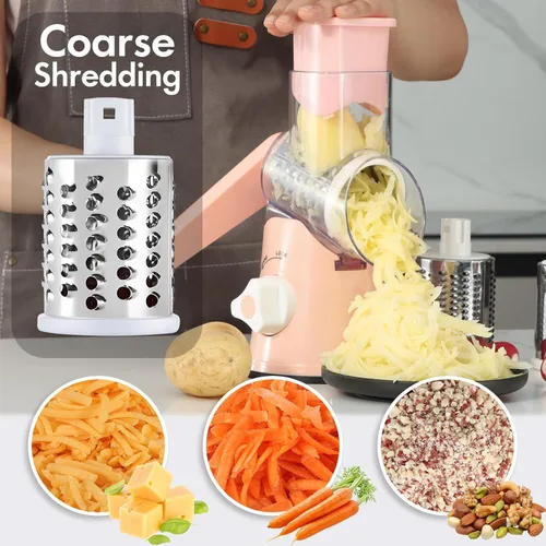 Miniatura 2 de Rallador de queso giratorio con mango, rebanador de mandolina redondo de velocidad para cocina, triturador manual de verduras multifuncional 3 en 1