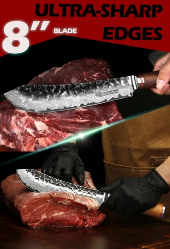 Miniatura 4 de YOUSUNLONG Cuchillo de carnicero japonés martillado de acero de Damasco de 8 pulgadas, mango de madera de nogal natural