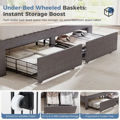 Miniatura 3 de DUMOS Base de cama tapizada de tamaño matrimonial, cama matrimonial con cajones de almacenamiento y cabecera de tela, soporte de listones de madera