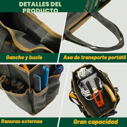 Miniatura 3 de Bolsa de herramientas de lona encerada resistente de 16 onzas, bolsa de herramientas de jardín Bolsa portátil de almacenamiento de herramientas