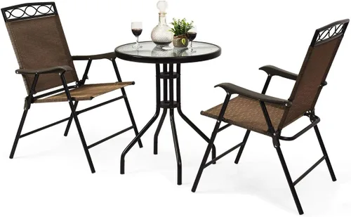 S AFSTAR Juego de muebles de comedor de 3 piezas, mesa redonda de vidrio texturizado con agujero para paraguas, juego de conversación al aire libre