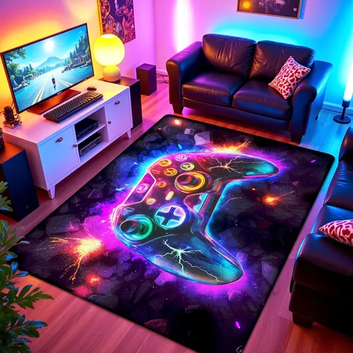 Alfombra de área de juegos neón de 3 x 5 pies para habitación de niños, alfombra colorida de control de juegos para decoración de habitación de