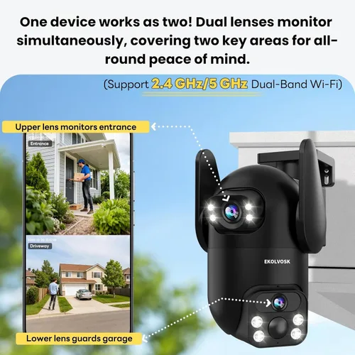 Miniatura 2 de Cámaras de seguridad solares inalámbricas para exteriores, cámaras de visión de doble lente 2K de 360° para seguridad del hogar, WiFi de 2.4/5 GHz