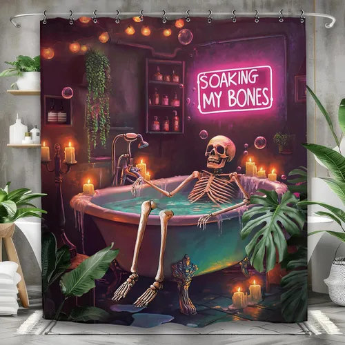 Miniatura 2 de Cortina de ducha de Halloween con diseño de esqueleto de neón de 60 pulgadas de ancho por 71 pulgadas de alto, diseño divertido de calavera