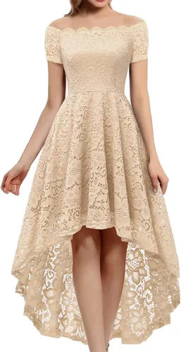 Dressystar - Vestido de cóctel de encaje para mujer, vestido asimétrico con vuelo y hombros descubiertos para fiesta y evento formal